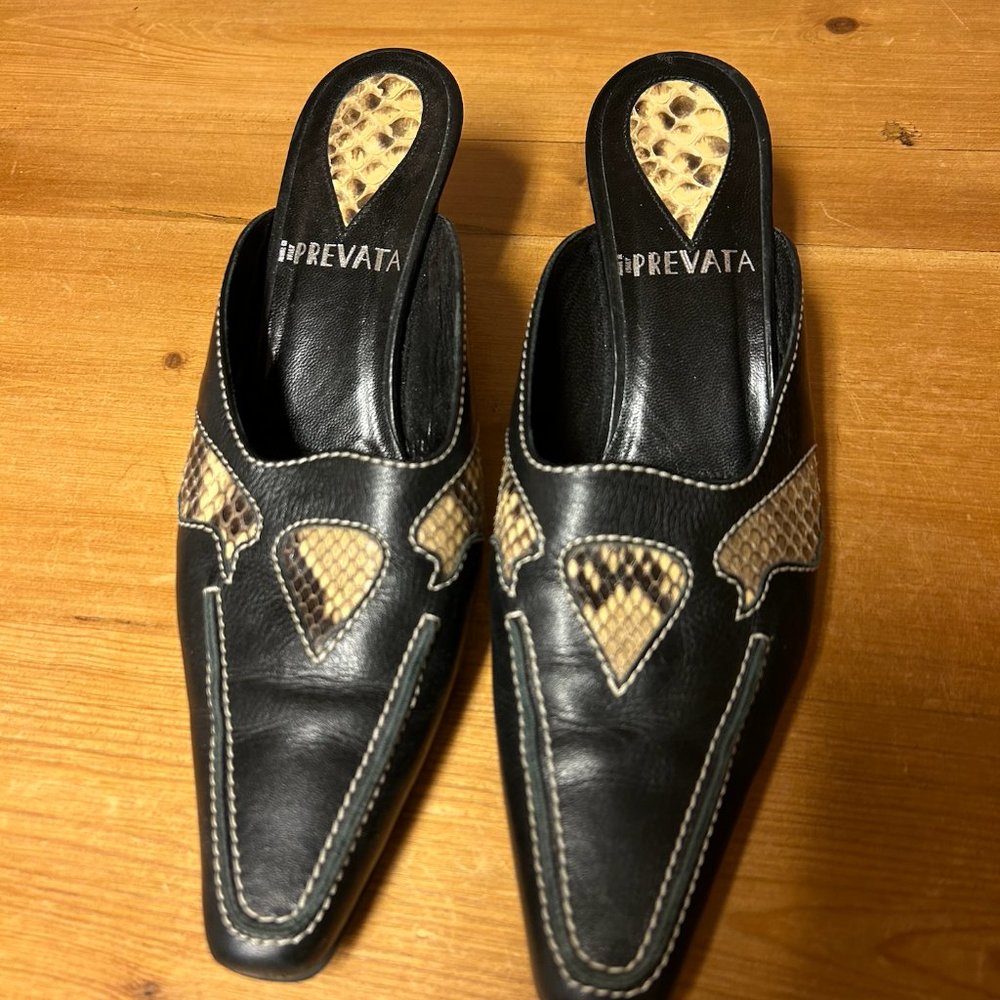 Prevata Black Calf & Python Imprint Mules - Size … - image 1